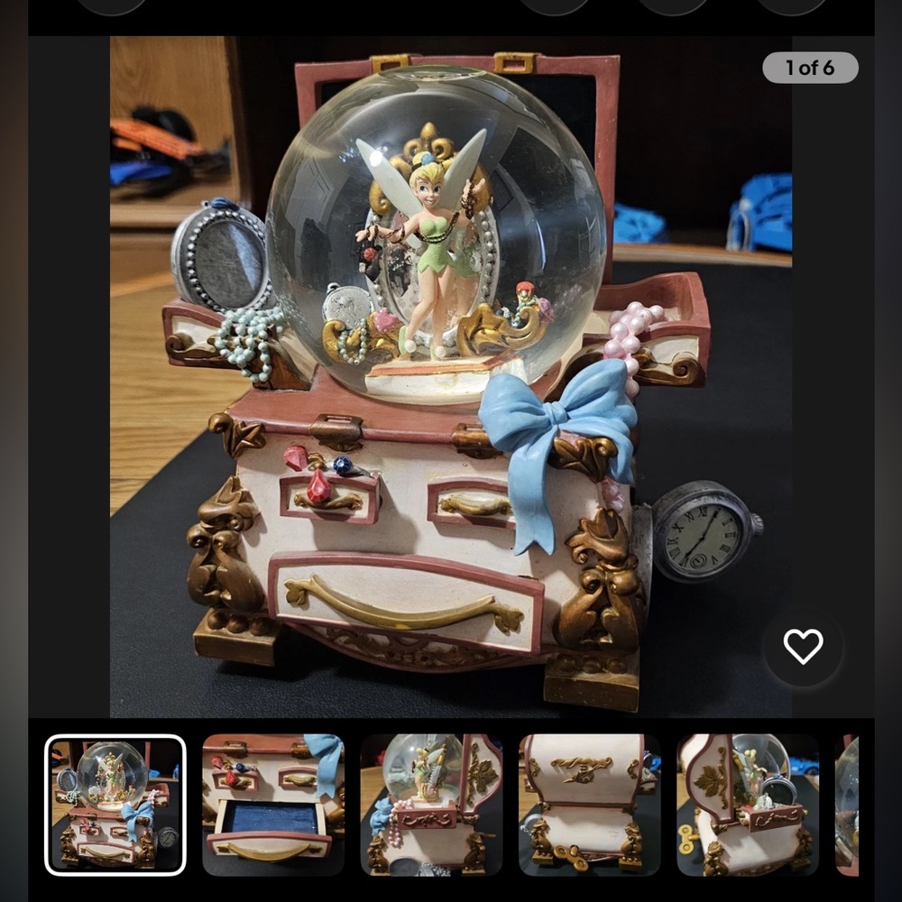 Disney Tinker Bell Snow Globe/Musical Jewelry Box with Pink and Blue Accents